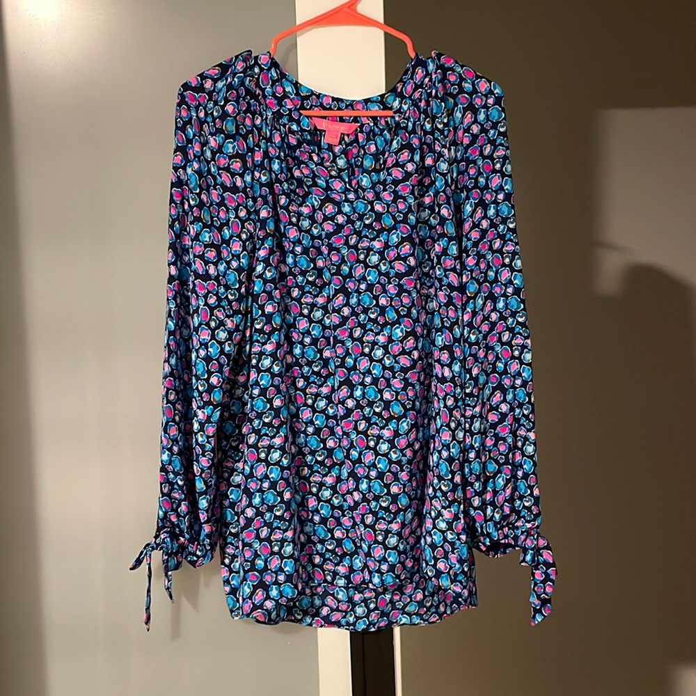 Lilly Pulitzer blue and pink print long sleeved blouse, size large